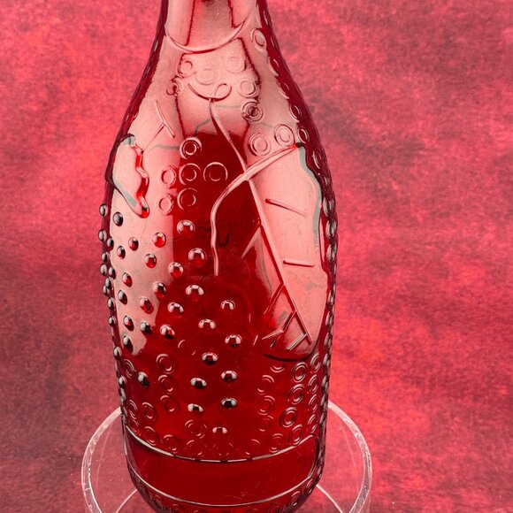HOLIDAY ROUND GLASS DECORATING RED BOTTLE RAISED LEAVES AND GRAPES DESIGN W CORK - Picture 4 of 6